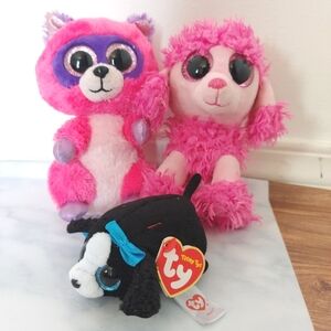 Ty beanie baby| Patsy / Roxie /& Marci pink raccoon & poodle & black teeny Dog